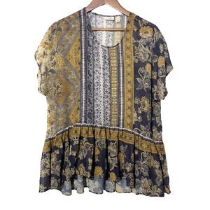 LOGO Lori Goldstein Women's Medium Pullover Sheer Airy Blouse Yellow Blue